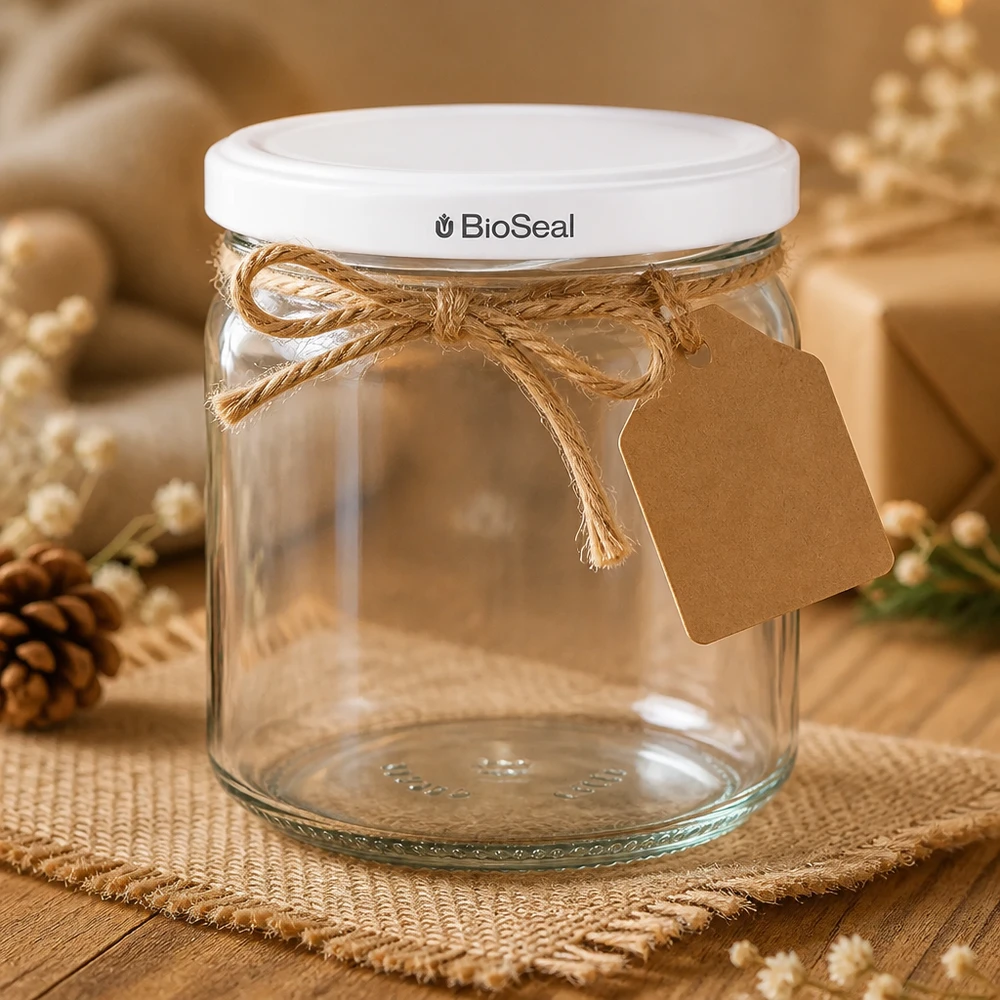 408ml Verre rond avec couvercle BioSeal blanc UNiTWIST UNiTWIST Runda408 dekorativ mit Juteschleife und Geschenkanhänger - stilvoll verpacktes Einmachglas als Geschenkidee