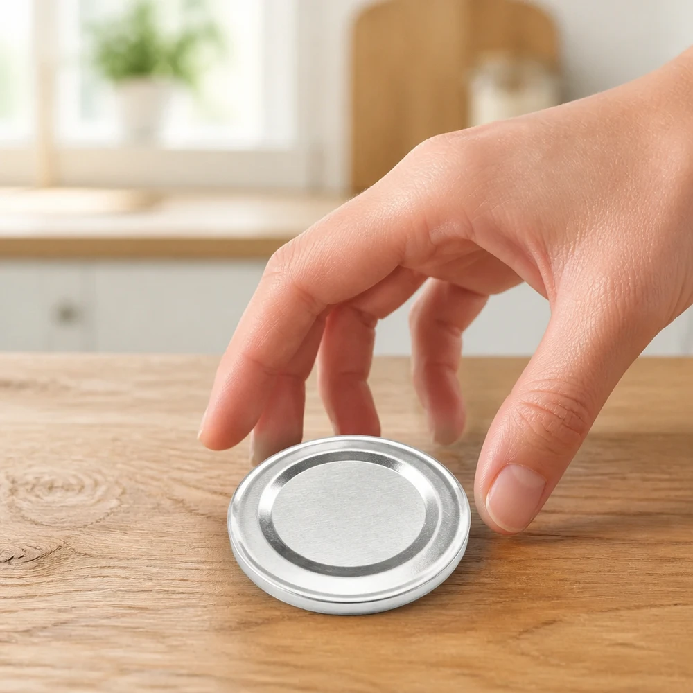 Couvercle BasicSeal 43 mm argenté (TO43) UNiTWIST Couvercle de bocaux TO43 BasicSeal en métal argenté dans une cuisine, posé sur une table en bois