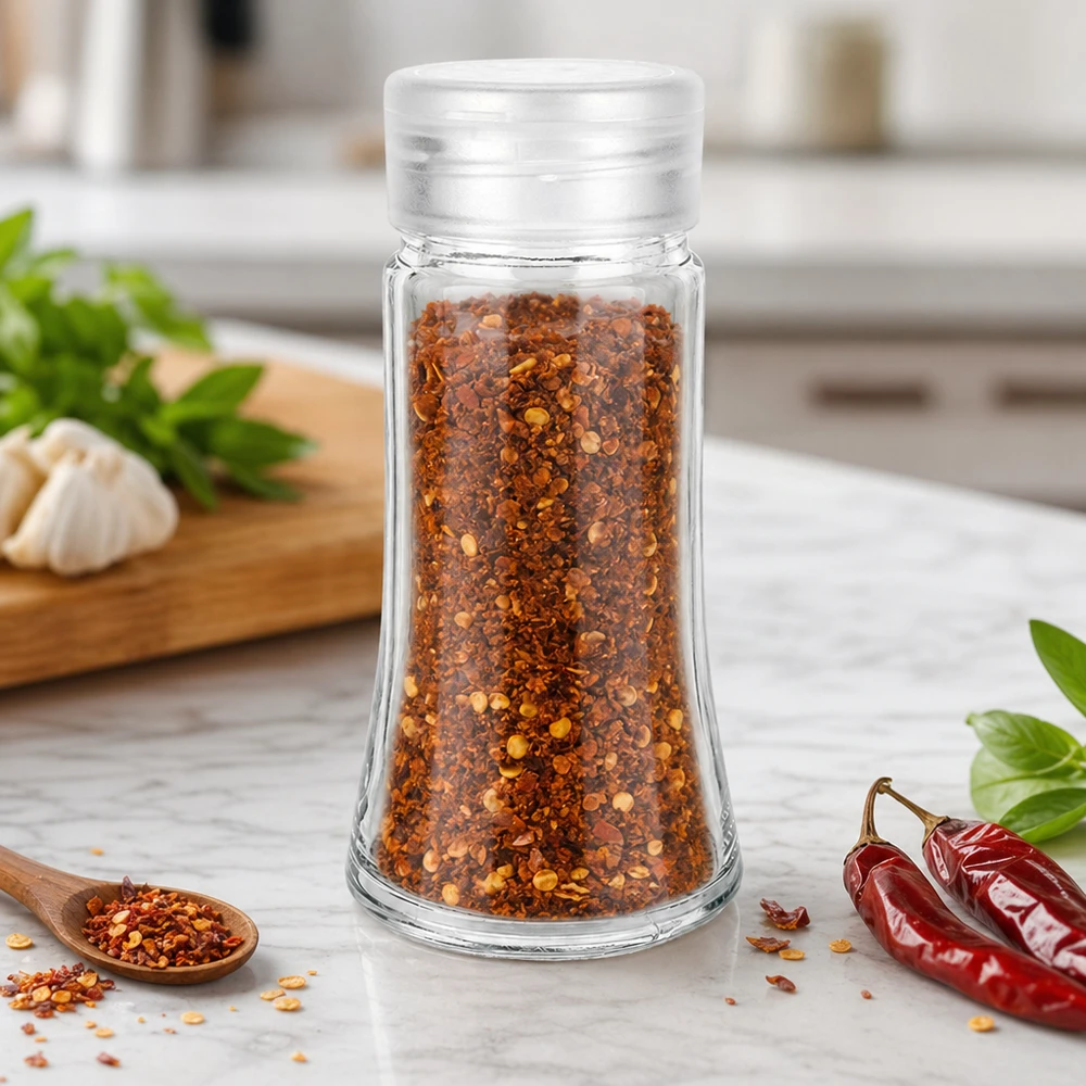 Pot à sel/épices 95 ml avec saupoudreuse, blanc Pot à épices transparent de 95 ml avec couvercle saupoudreur blanc, rempli de flocons de piment, sur un plan de travail en marbre