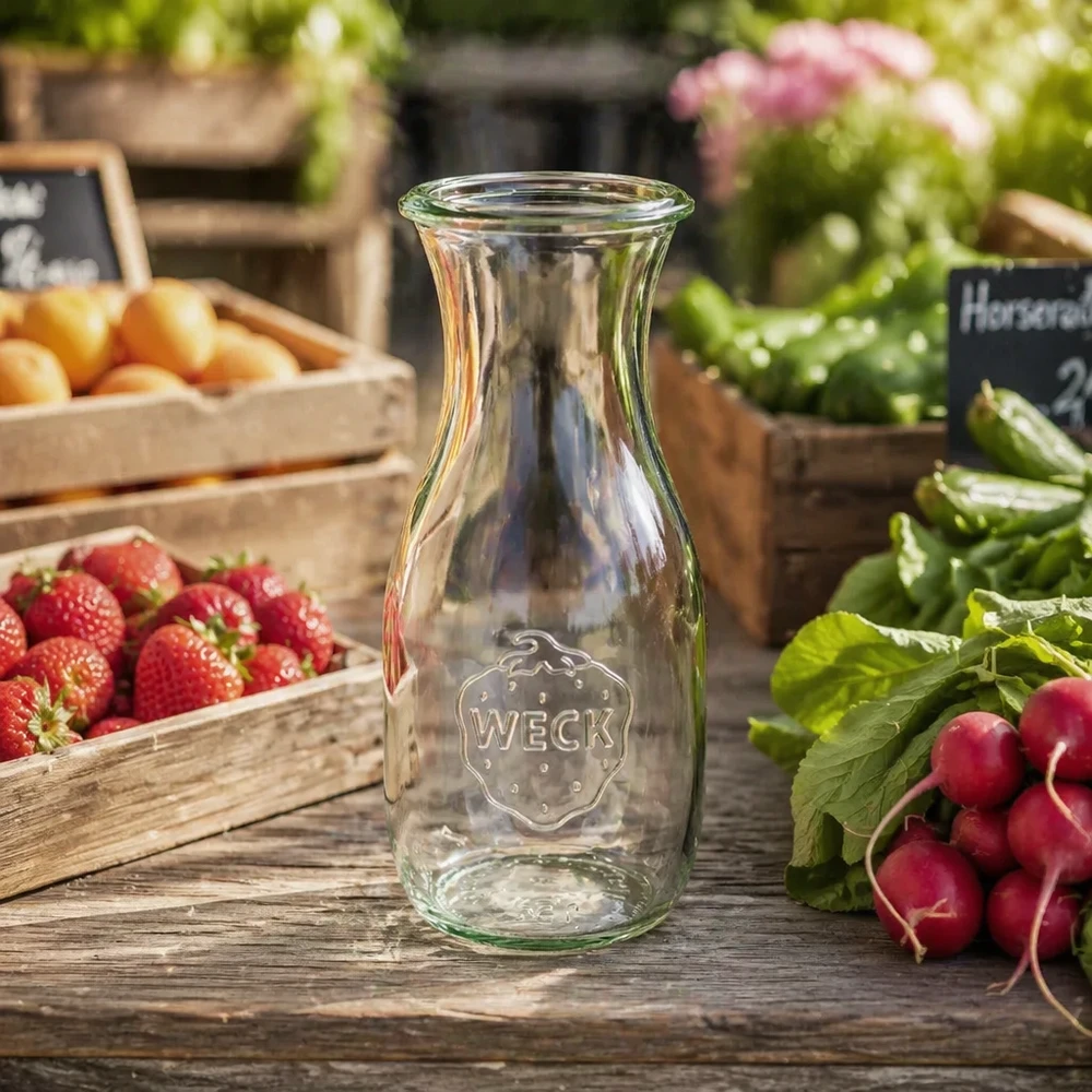 WECK Bouteille de jus 530ml RR60 sur table en bois avec fraises fraîches radis et légumes dans une cuisine rustique