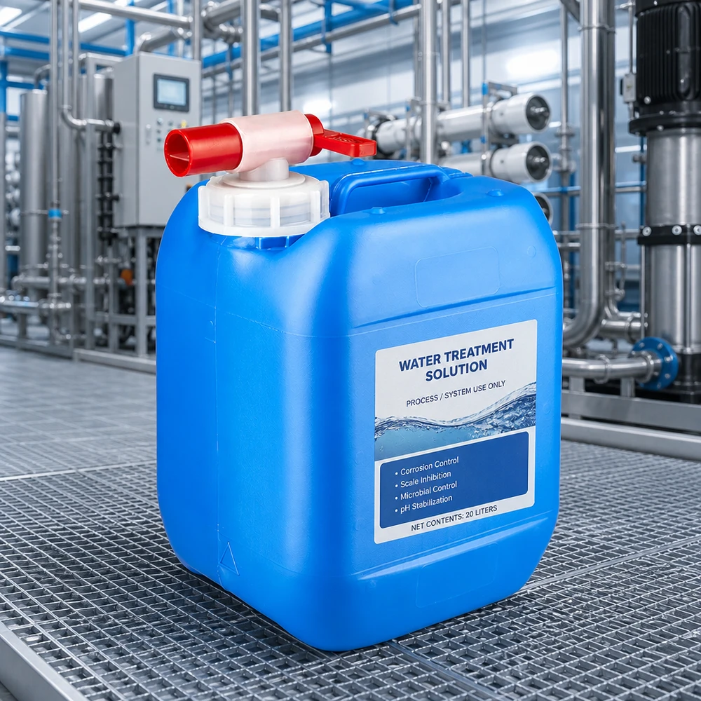 Bidon compact de 5 litres, bleu, muni d'un robinet et posé sur un fond grillagé, dans une station de traitement de l'eau