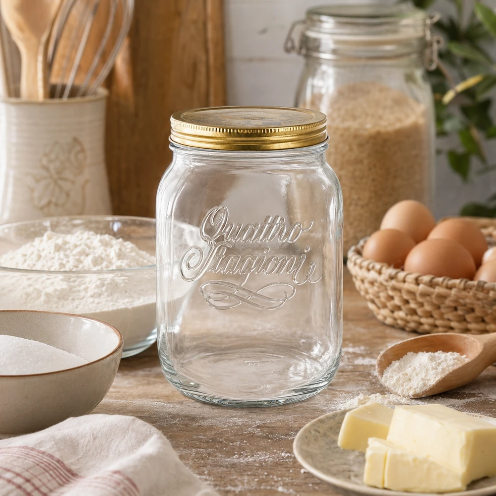 2000ml verre rond "Quattro Stagioni" avec couvercle Quattro Stagioni 2000ml bocal en verre dans une cuisine rustique avec des ingrédients de boulangerie - bocal italien pour la farine