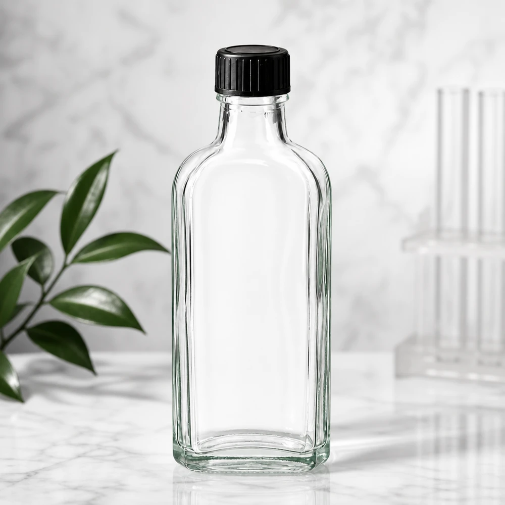 Flasque transparente de 100 ml au goulot DIN 22, avec bouchon à vis DIN 22 noir et joint LKD Flacon Meplat transparent de 100 ml avec joint LKD et bouchon en plastique – vue de profil