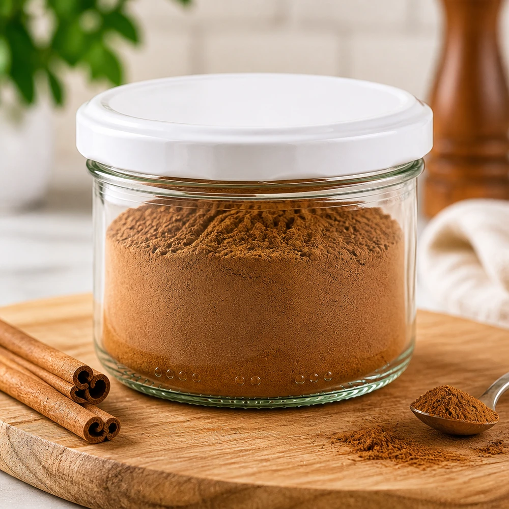 230ml Verre cylindrique avec couvercle BioSeal blanc UNiTWIST Pot cylindrique de 230 ml avec couvercle BioSeal blanc rempli de cannelle en poudre sur planche en bois avec bâtons de cannelle
