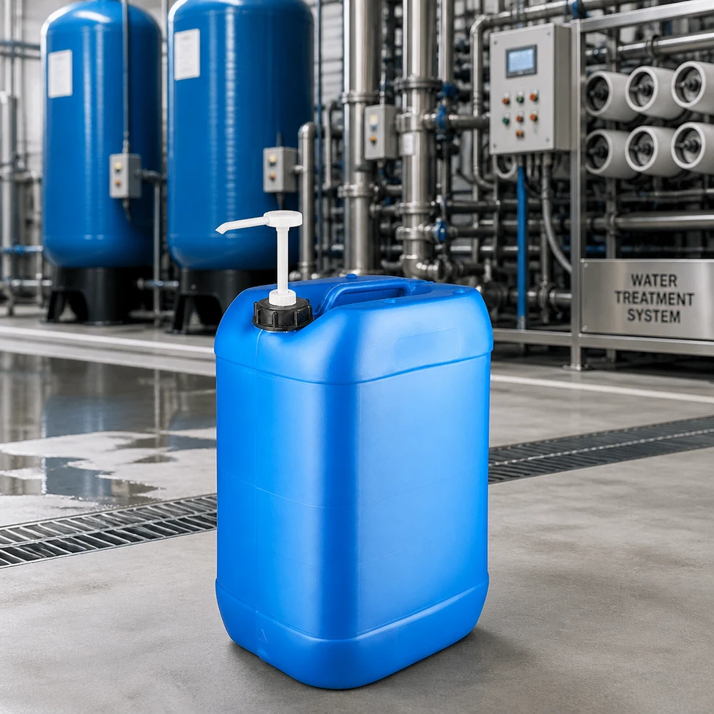 Bidon industriel bleu robuste de 25 L avec pompe blanche, utilisé dans une installation professionnelle de traitement de l'eau