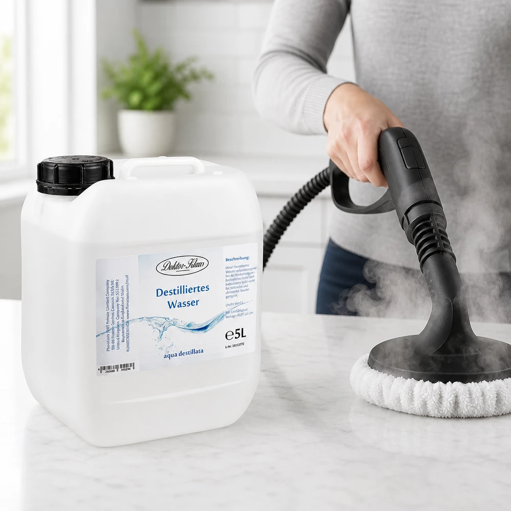 Le nettoyeur vapeur est rempli d'eau distillée Doktor-Klaus 5L pour un nettoyage sans calcaire