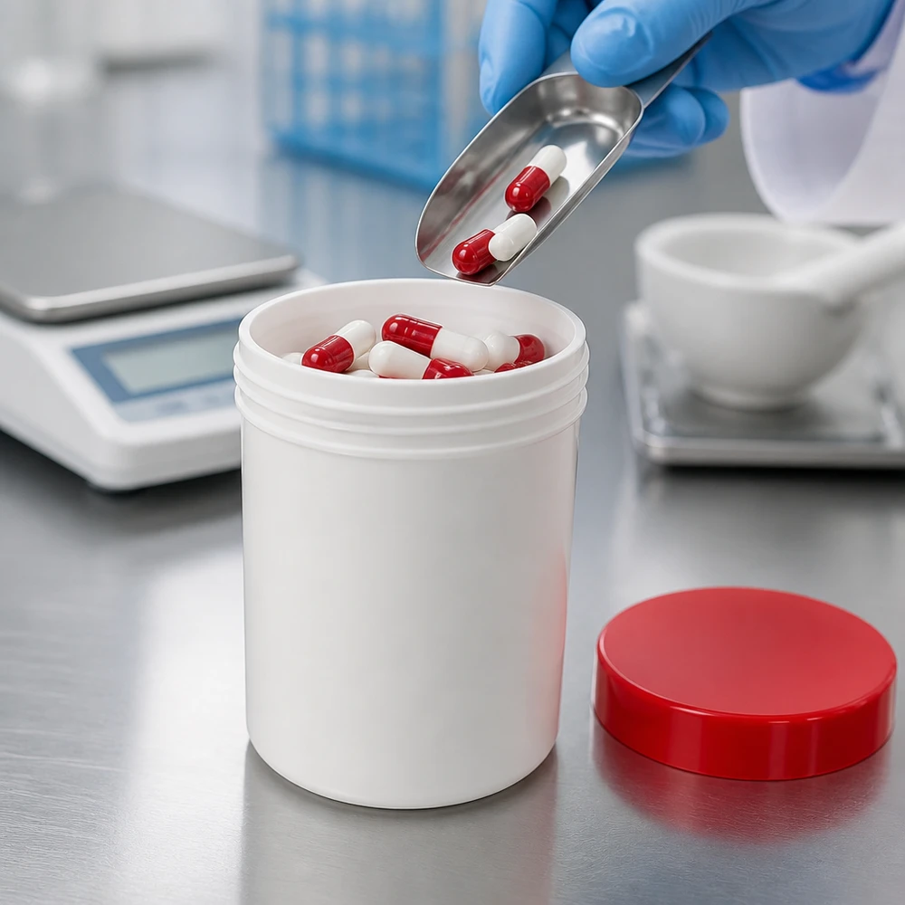 Un pharmacien remplit des gélules rouges et blanches dans un pot à pommade de 300 g en PP muni d'un bouchon rouge