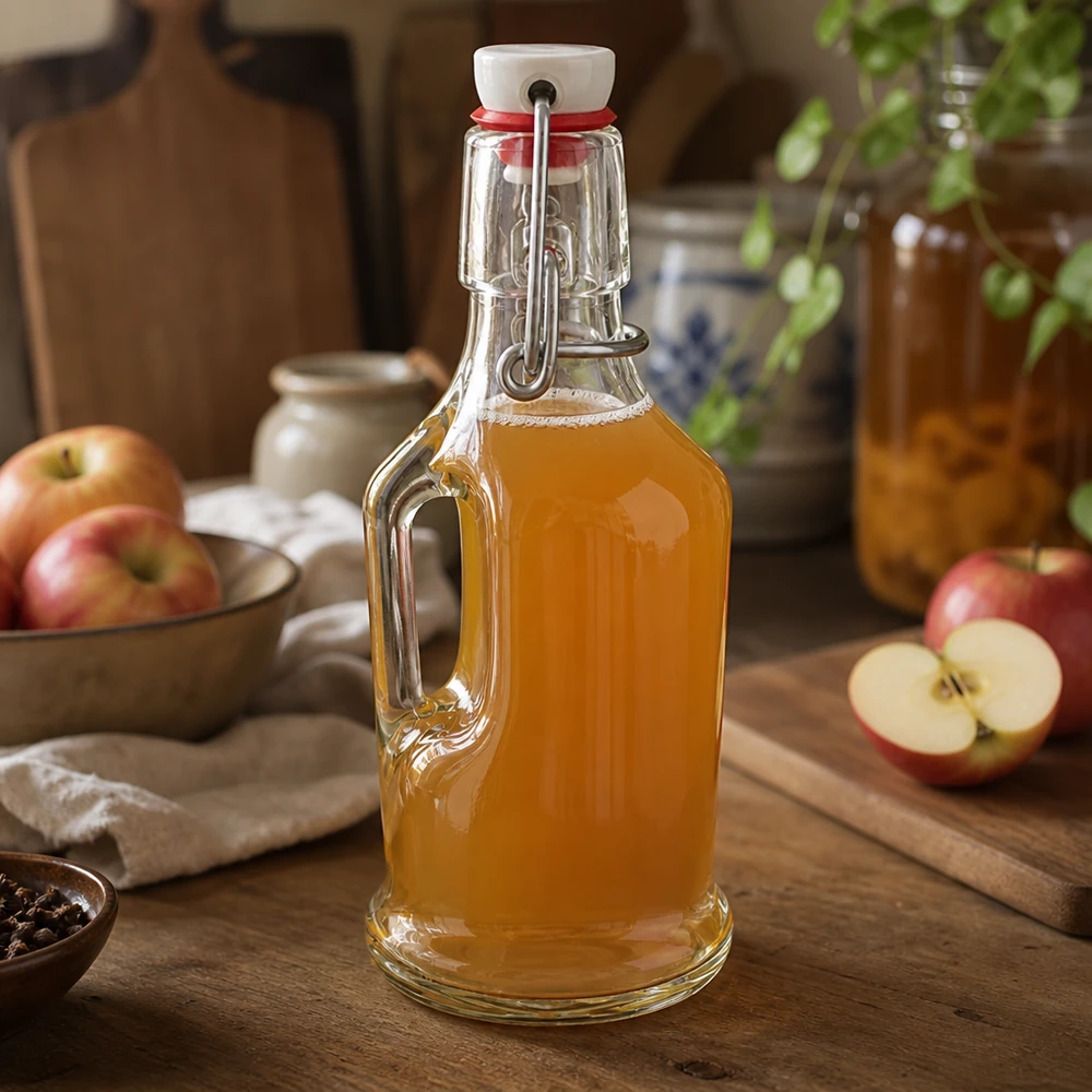 Bouteille en verre 200 ml « Bertha » et bouchon à étrier en PVC UNiTWIST® Bouteille en verre Bertha 200ml remplie de jus de pomme, fermeture à étrier UNiTWIST, scène de cuisine rustique avec des pommes fraîches