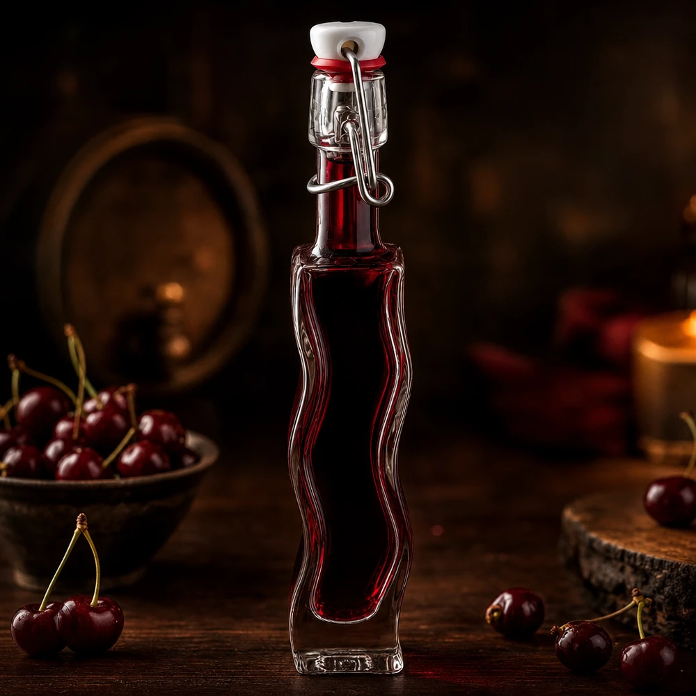 Bouteille en verre Anna de 40 ml contenant du liquide de cerise rouge foncé dans une ambiance de cave à vin rustique avec des cerises fraîches.