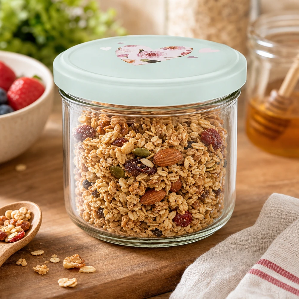 Verre renversé de 260 ml avec couvercle BasicSeal rempli de céréales et de noix, boîte en verre pour céréales du petit-déjeuner