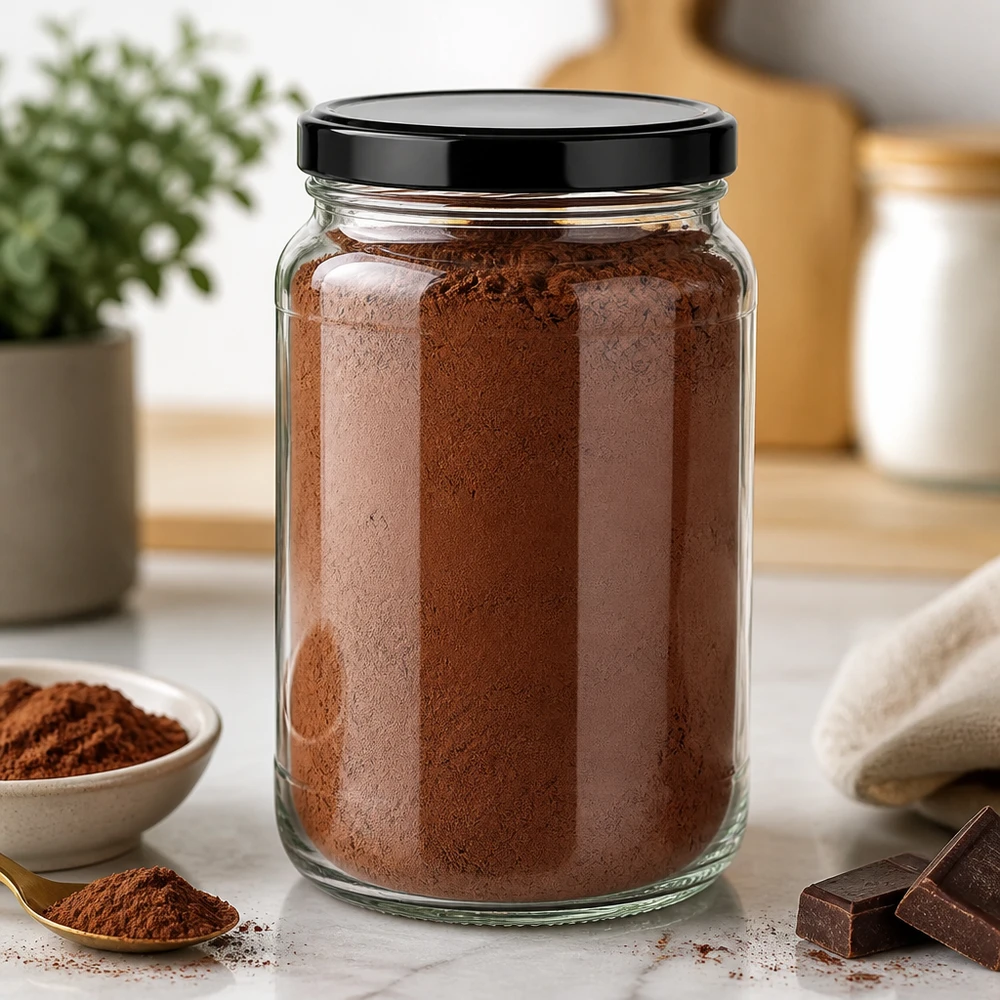 Cacao en poudre dans un bocal rond de 1700ml avec couvercle noir Scène de cuisine Conservation chocolat en poudre Récipient de stockage