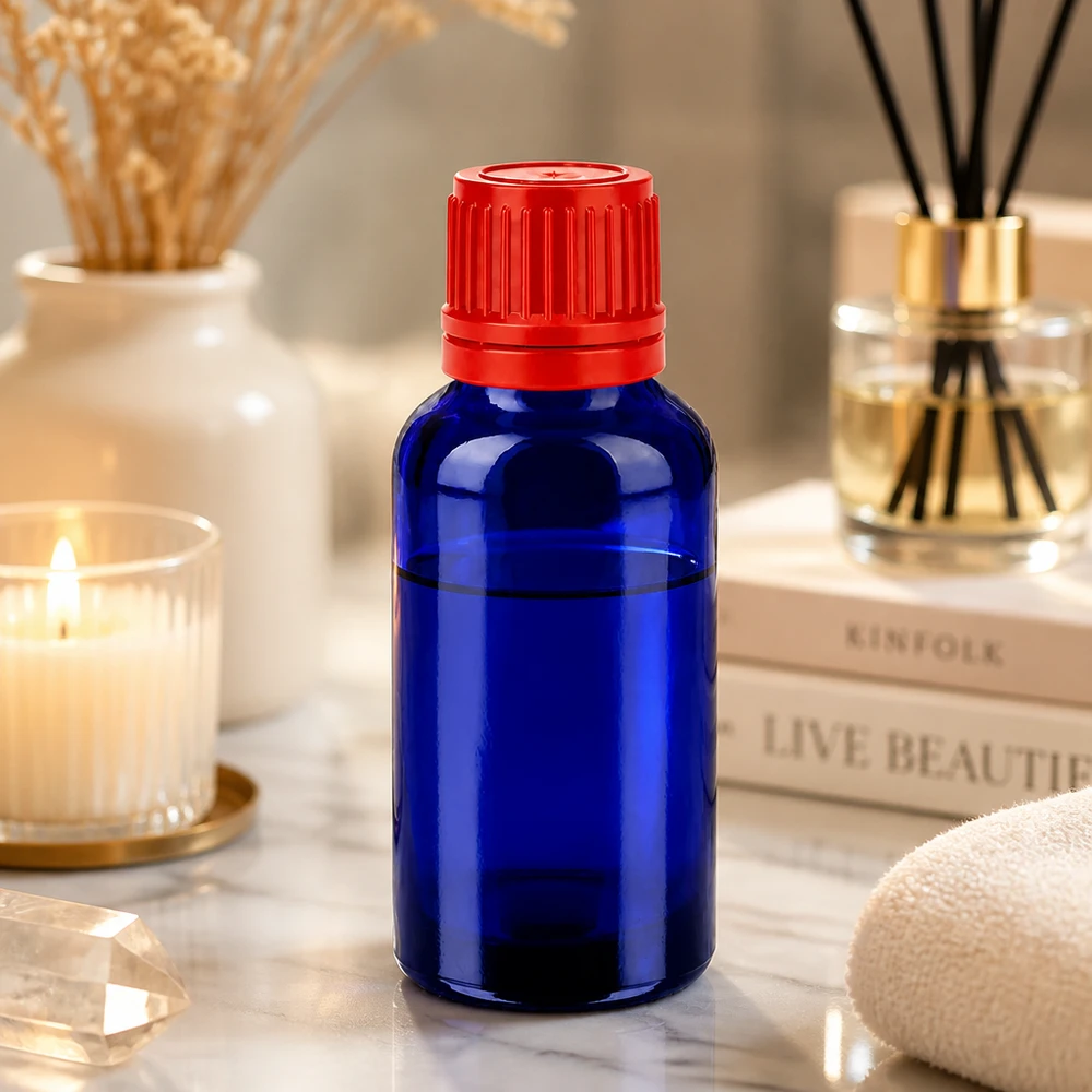 Flacon 30ml 11mm SV rouge OV BlueLine UT18/30 Bouteille en verre brun BlueLine de 30 ml avec bouchon de sécurité pour les cosmétiques naturels et les extraits de plantes médicinales