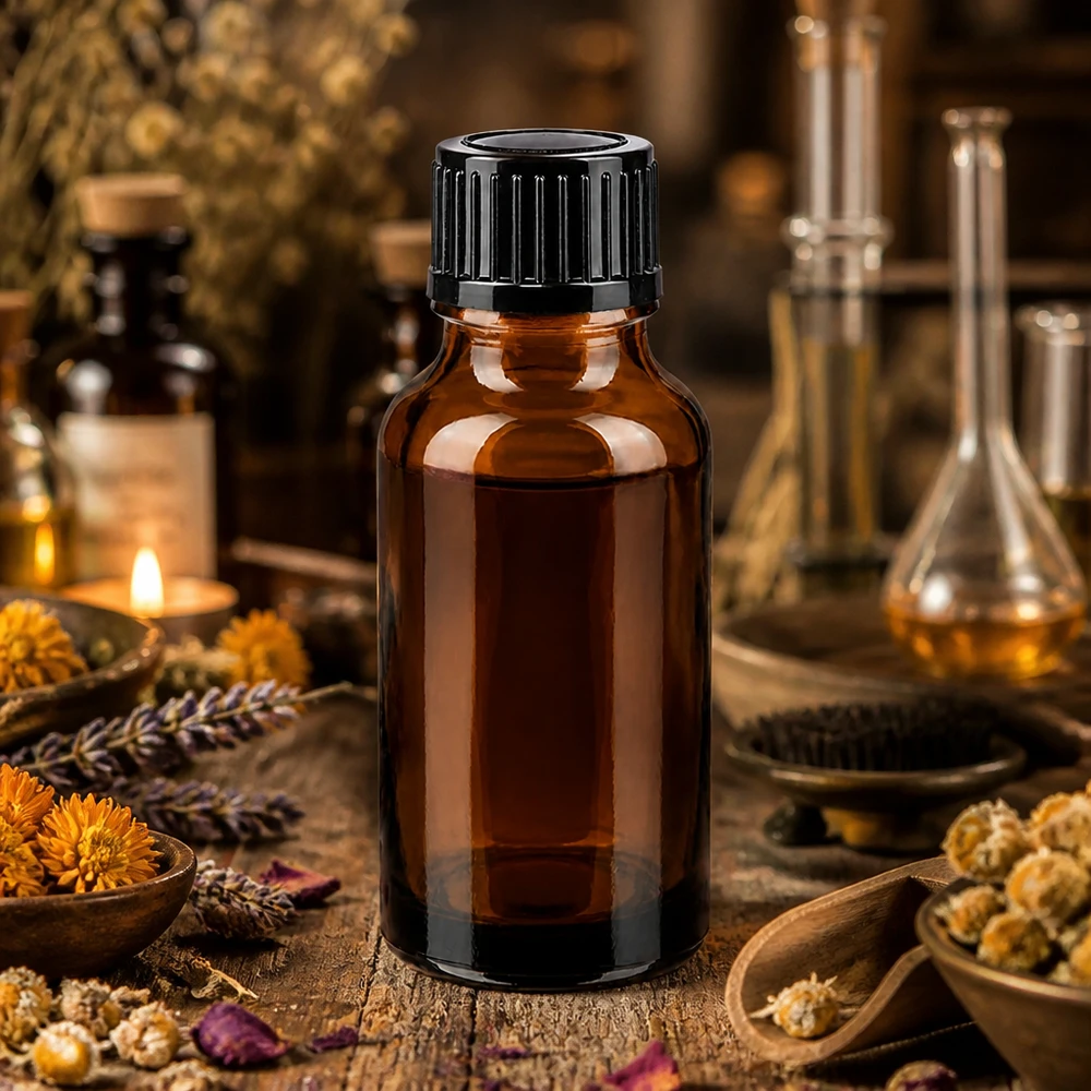 Flacon en verre brun de 20 ml muni d'un compte-gouttes de 1 mm, posé sur une table en bois rustique ornée de fleurs séchées