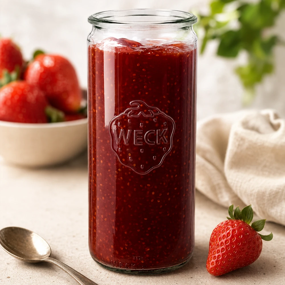 WECK Pot cylindrique 1040ml RR80 rempli de confiture de fraises maison comme pot de conservation pratique dans la cuisine