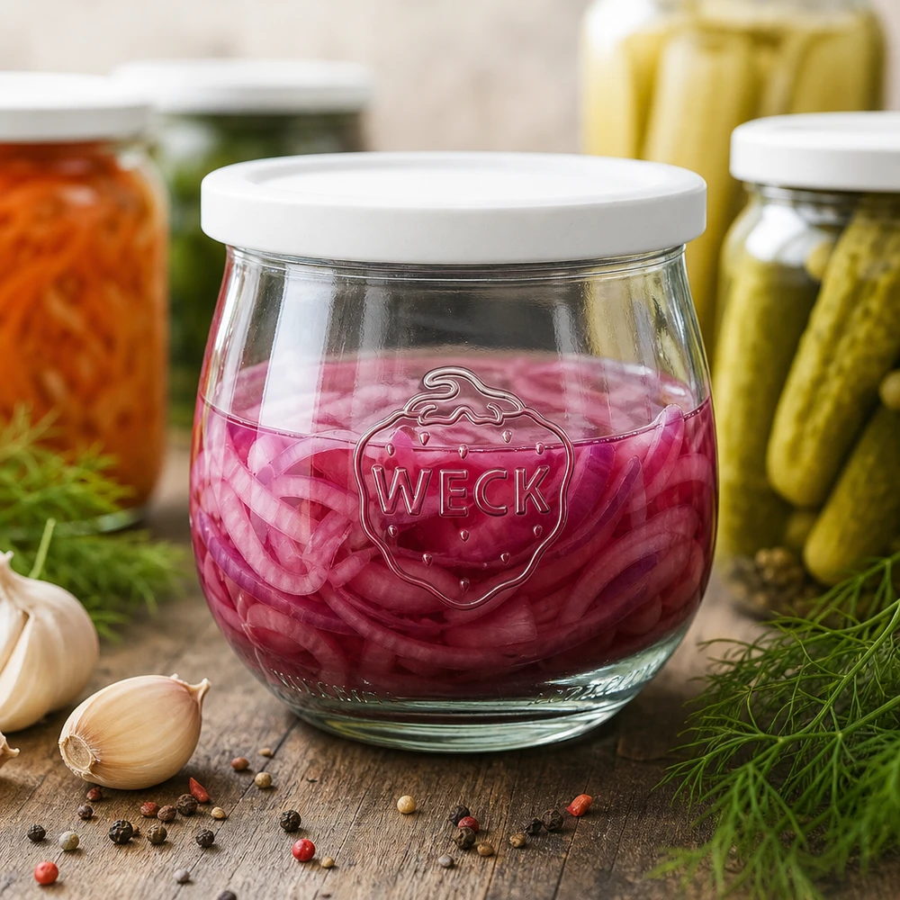 Bocal en forme de tulipe de 370 ml avec couvercle hermétique WECK RR80 WECK Pot tulipe 370ml RR80 avec chou rouge mariné à côté de l'ail, grains de poivre et autres bocaux de conservation