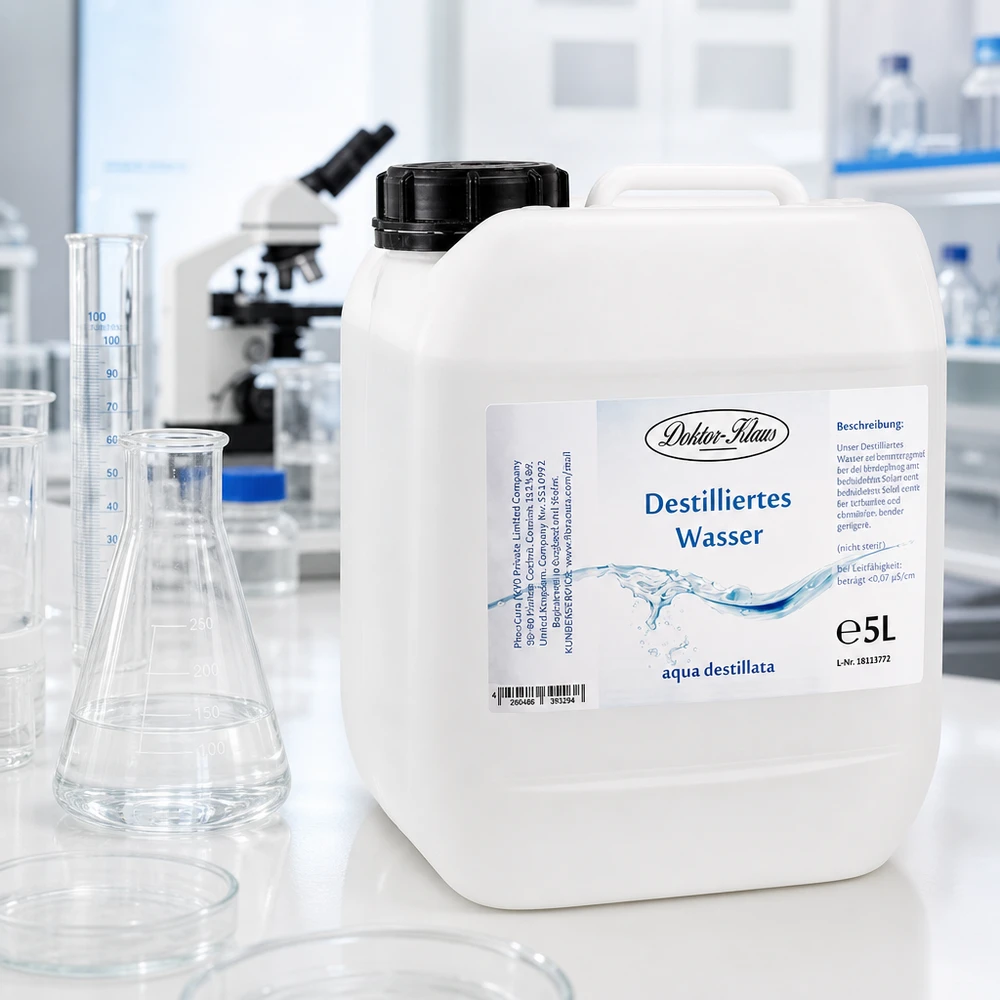 Eau distillée Doktor Klaus - Aqua dest 5 litres en jerrican premium teinte naturelle Doktor-Klaus 5L d'eau distillée dans un bidon pratique avec poignée ergonomique pour une manipulation facile