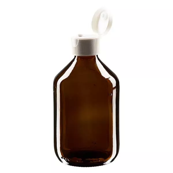 Flacon médical de 300 ml avec couvercle blanc à charnière