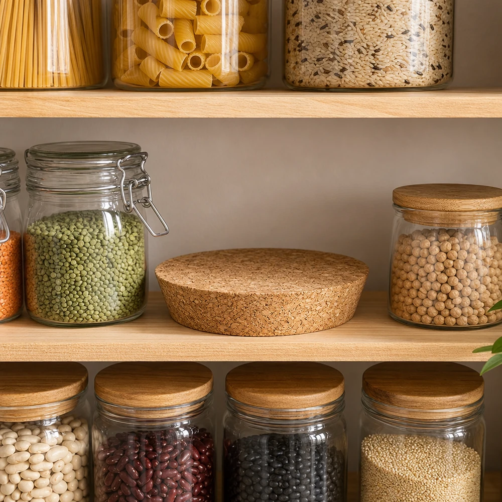 Bouchon naturel pour WECK RR100 (ø90/104, hauteur 20mm) WECK Bouchons RR100 94mm dans étagère de stockage organisée avec légumes secs pâtes conservation durable de la cuisine