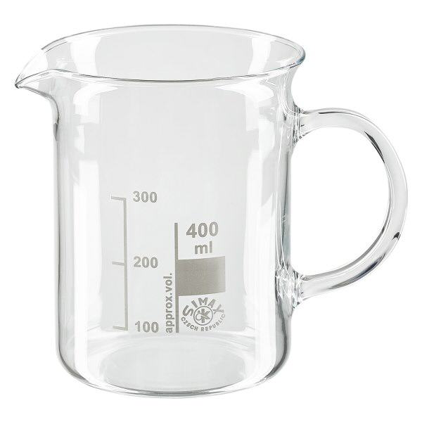 Bécher avec poignée 400ml en verre borosilicate résistant à la chaleur (forme normale) Bécher avec poignée 400ml en verre borosilicate résistant à la chaleur (forme normale)