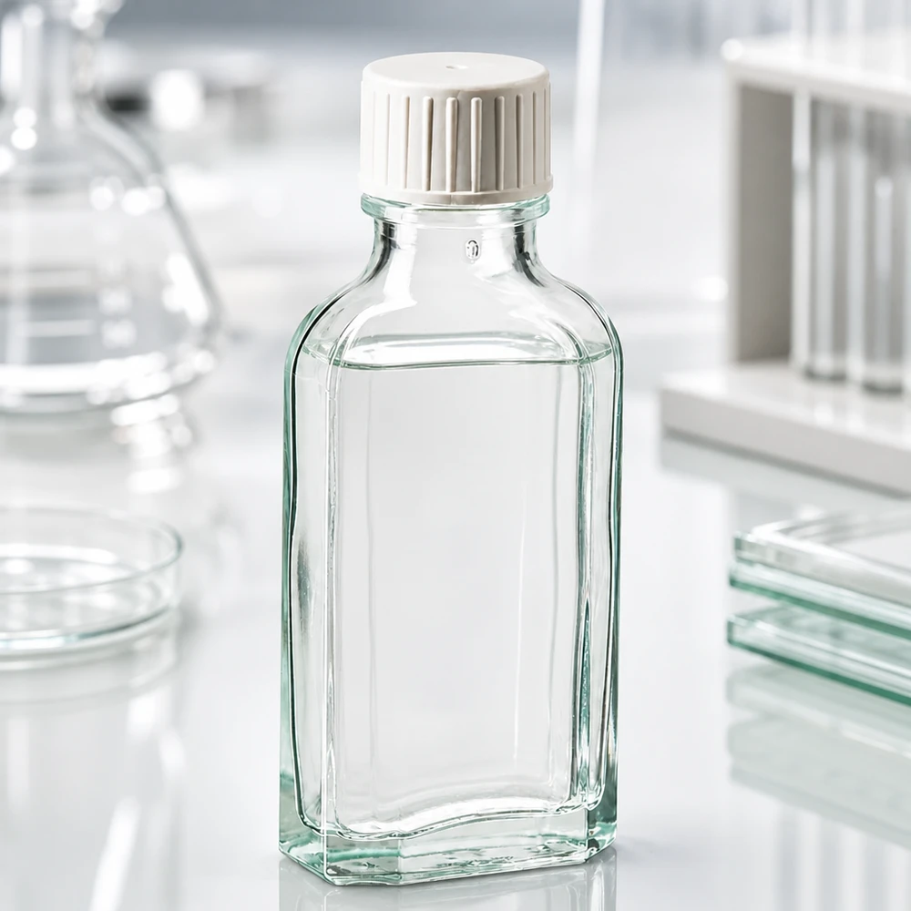 Flasque transparente de 50 ml au goulot DIN 22, avec bouchon à vis DIN 22 blanc et bague anti-gouttes Flacon Meplat de 50 ml, de forme plate, en verre transparent avec bouchon en plastique
