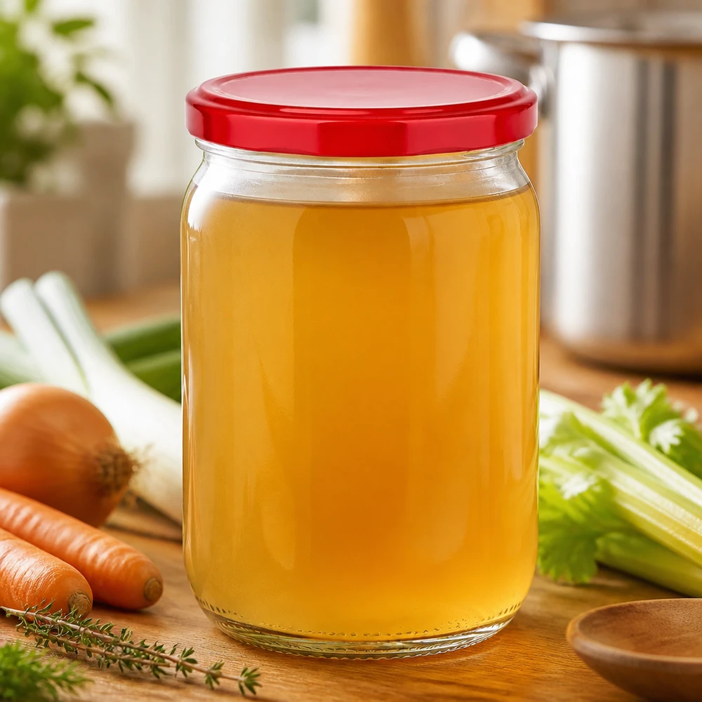 Bocal de 555 ml UNiTWIST avec couvercle à vis rouge « Twist-off », contenant un bouillon frais dans une cuisine avec des légumes à soupe