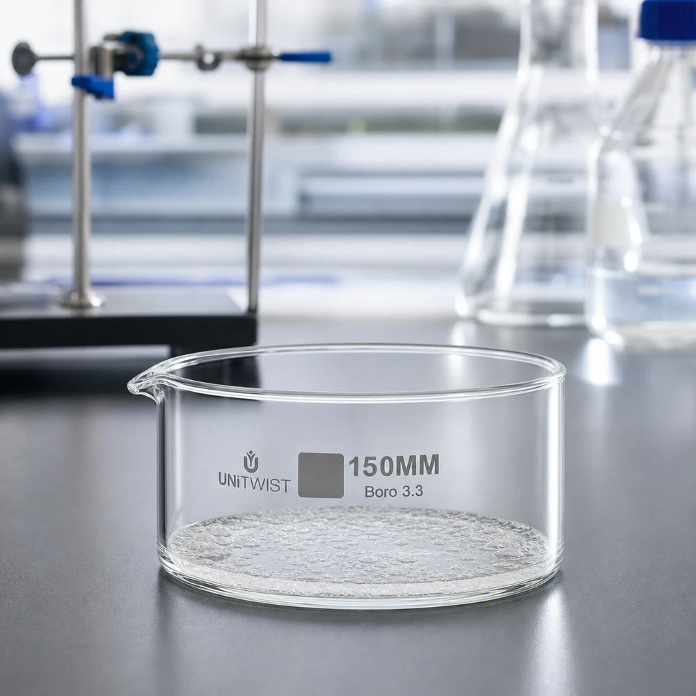 Cristallisoir ø150mm verre borosilicaté UNiTWIST Cuve de cristallisation en verre borosilicaté 150 mm UNiTWIST, modèle bas avec bec verseur