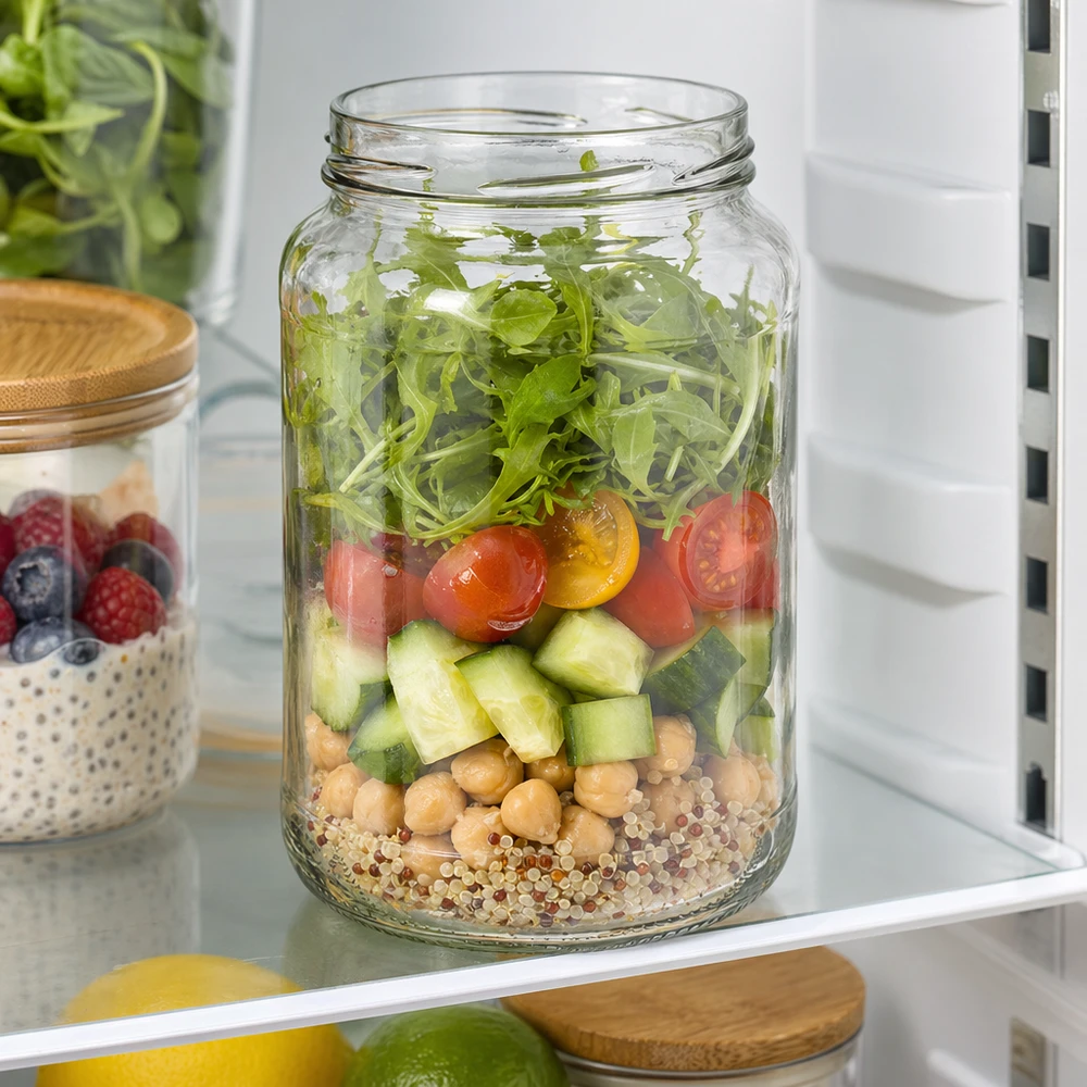 UNiTWIST Runda1700 Verre renversé 1700ml TO100 avec salade stratifiée quinoa pois chiches concombre tomate roquette au réfrigérateur