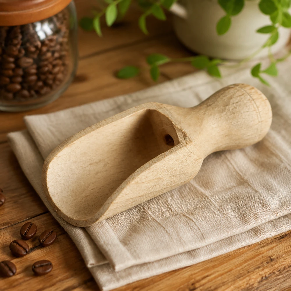 Pelle en bois taille XS forme semi-circulaire - 52mm de long Pelle en bois XS 5,2cm sur toile de lin avec grains de café et boîte en verre dans une ambiance de cuisine naturelle
