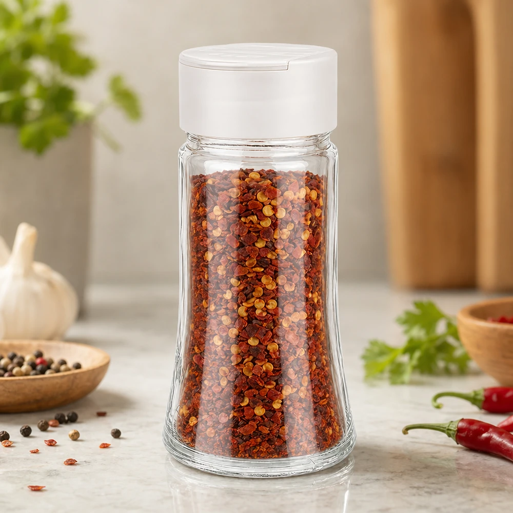 Pot à sel/épices 95 ml avec double saupoudreuse, blanc Salière en verre de 95 ml remplie de flocons de piment, couvercle en plastique blanc, double compartiment