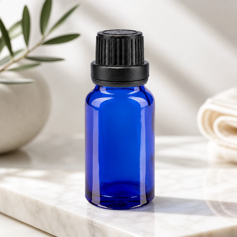 Flacon de pharmacie bleu 10ml bouchon inviolable blanc 2mm bouchon inviolabilité Flacon protecteur de lumière bleu haut de gamme de 10 ml avec bouchon doseur noir, destiné à l'aromathérapie et aux huiles