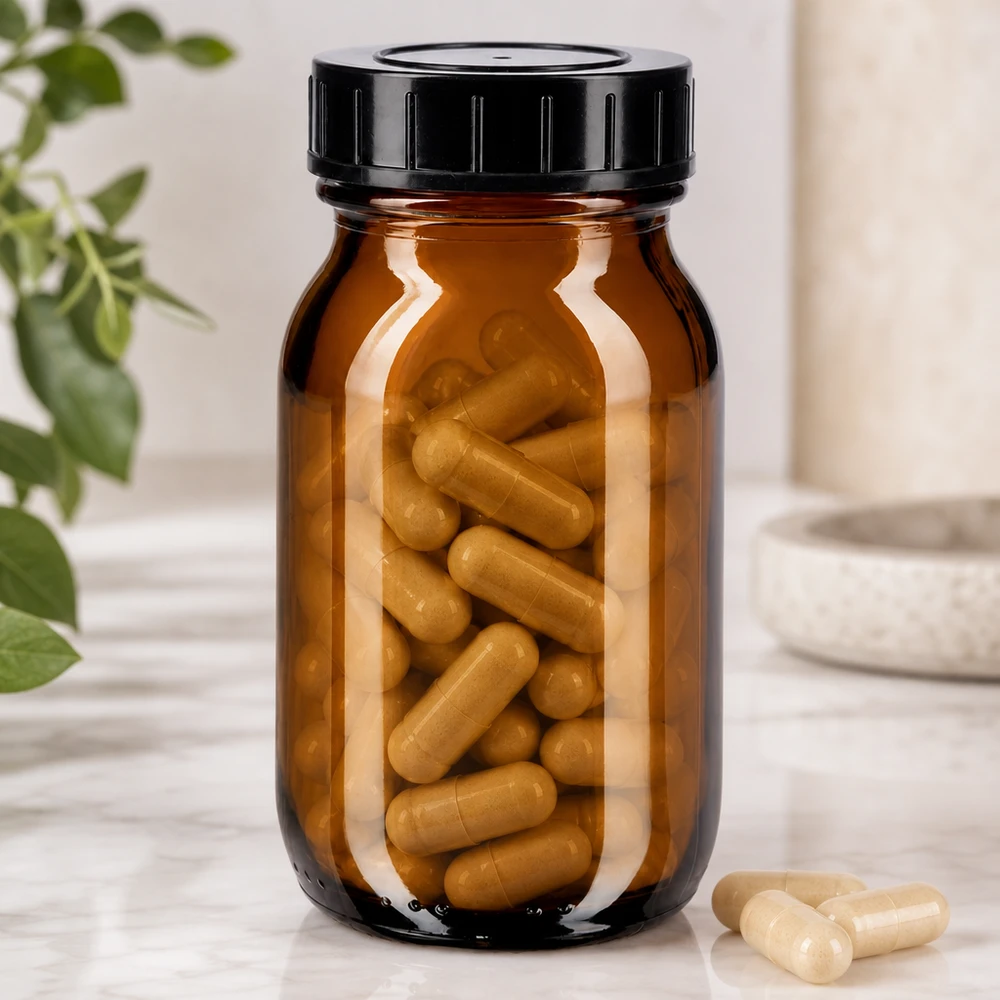 Bocal à col large en verre ambré 100 ml + couvercle à vis
