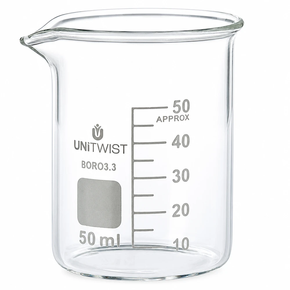 Bécher 50ml borosilicate, forme basse UNiTWIST UNiTWIST Verrerie de laboratoire : bécher de 50 ml, forme basse, avec graduation en millilitres, en borosilicate