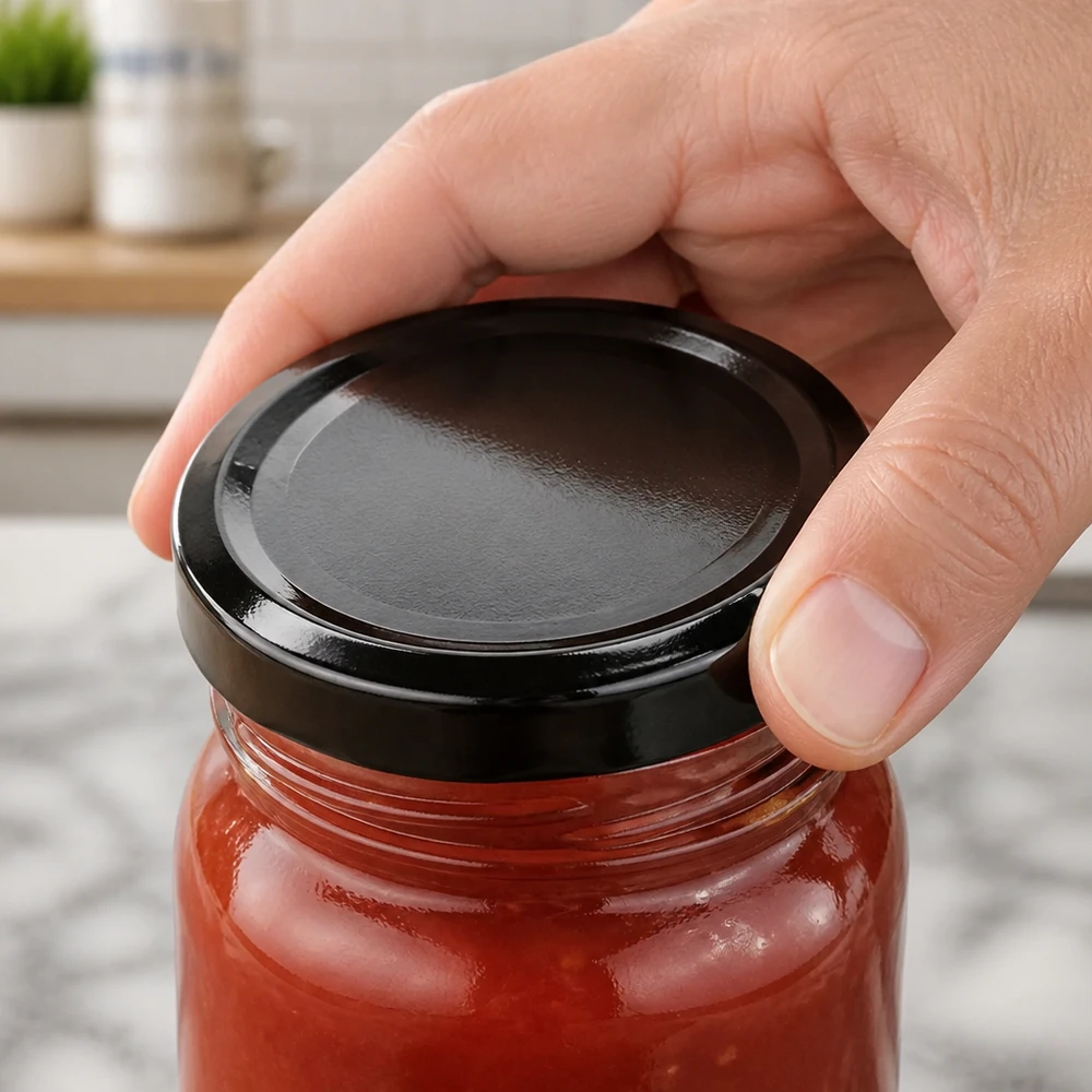 Couvercle BasicSeal noir de 58 mm (TO58deep) UNiTWIST Couvercle de conserve noir BasicSeal UNiTWIST de 58 mm sur un bocal de conservation contenant de la sauce tomate