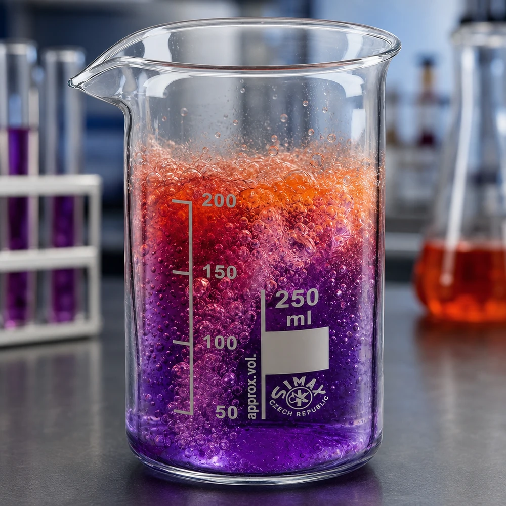Bécher 250ml en verre borosilicate résistant à la chaleur (forme haute) Bécher de 250 ml avec graduation millimétrique visible et réaction chimique active de couleur violette