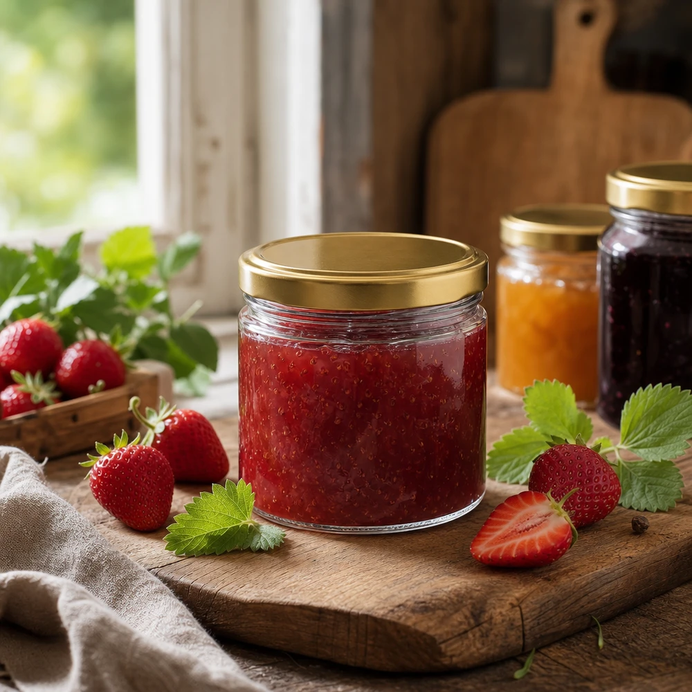 Pot rond de 540ml avec couvercle BasicSeal doré rempli de confiture de fraises sur planche en bois avec fraises fraîches