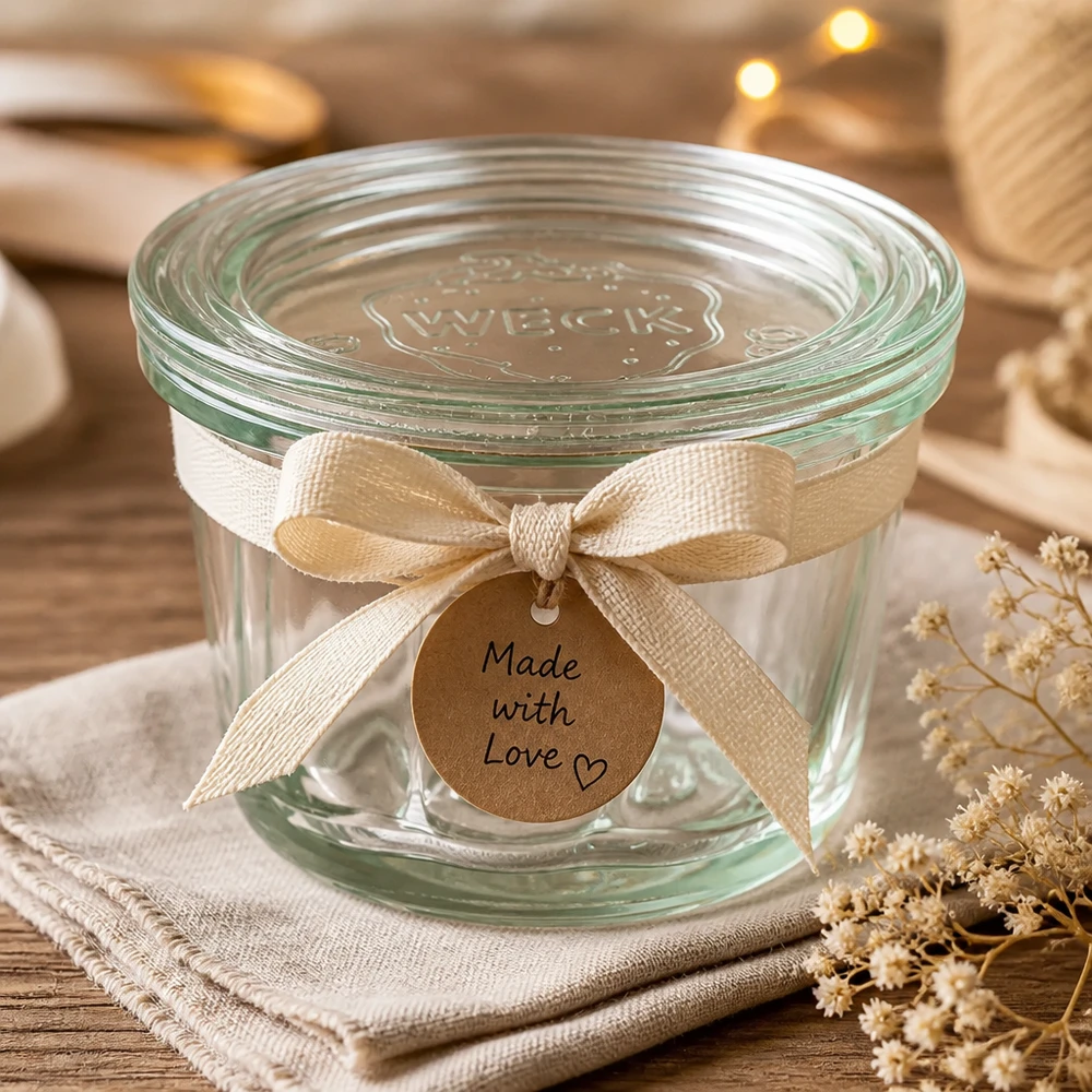 WECK Pot à kouglof 165ml RR80 présenté de manière décorative avec un ruban et une étiquette cadeau Made with Love