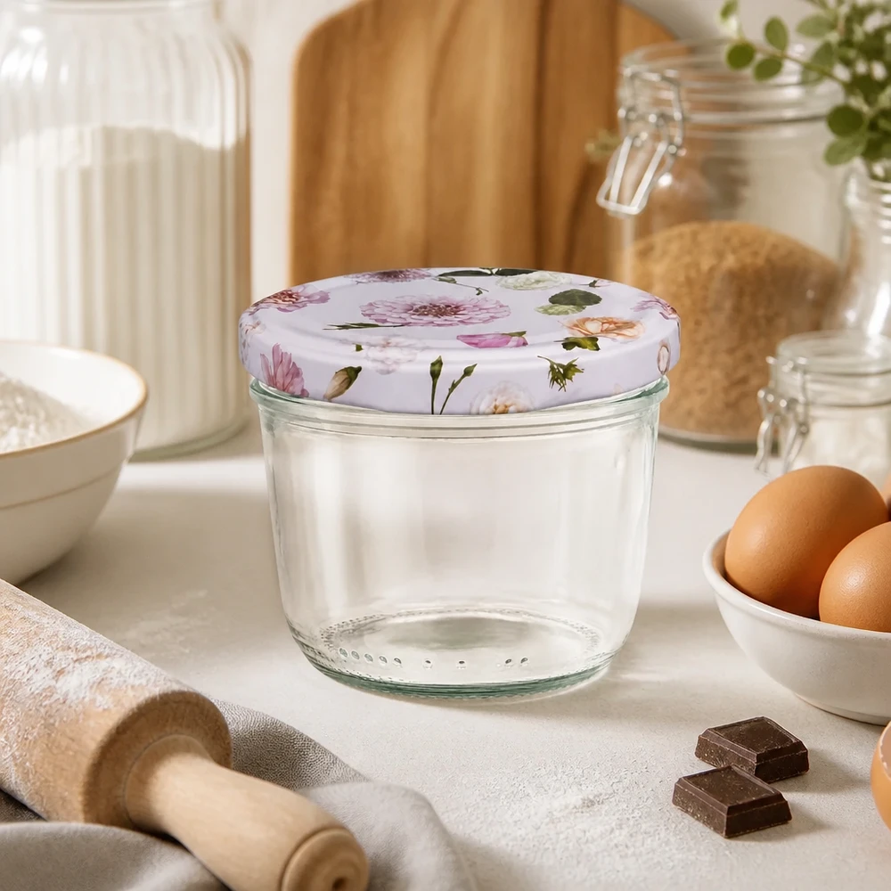 Verres 230 ml + couvercle BasicSeal rose... Pot vide de 230ml avec couvercle BasicSeal rose à fleurs dans un décor de cuisine avec ingrédients et ustensiles de cuisine.