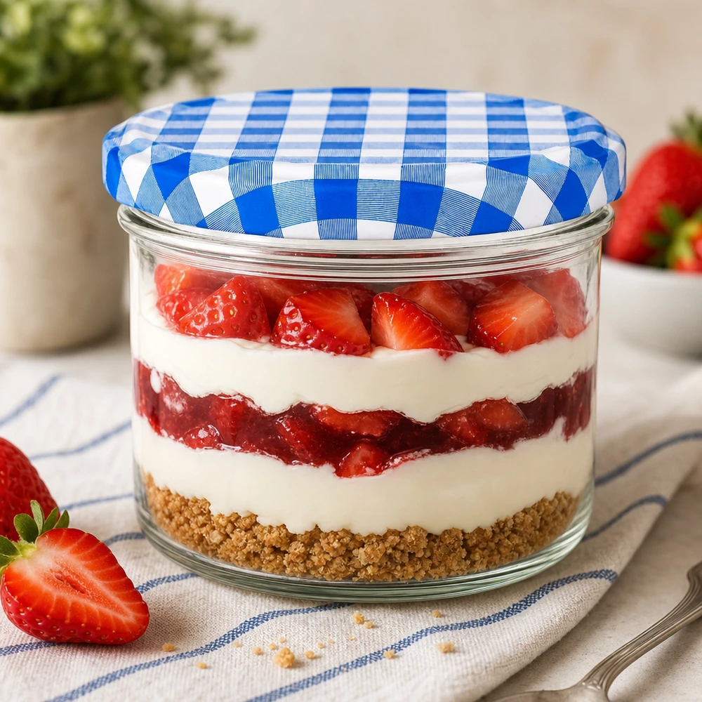 Tarte à la fraise en pot cylindrique de 230ml avec couvercle BasicSeal bleu-blanc, Verre à dessert avec biscuit et crème fraîche