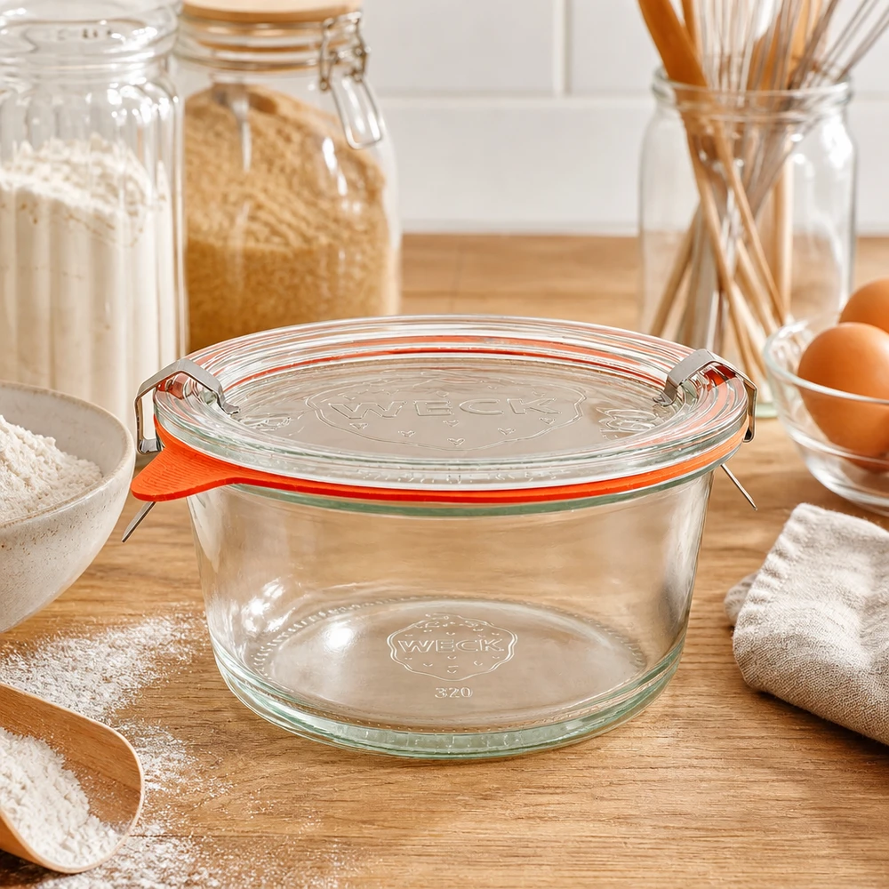 WECK Verre gourmet 450ml RR120 sur une table en bois dans une cuisine moderne avec de la farine et des ustensiles de cuisson pour l'organisation de la cuisine