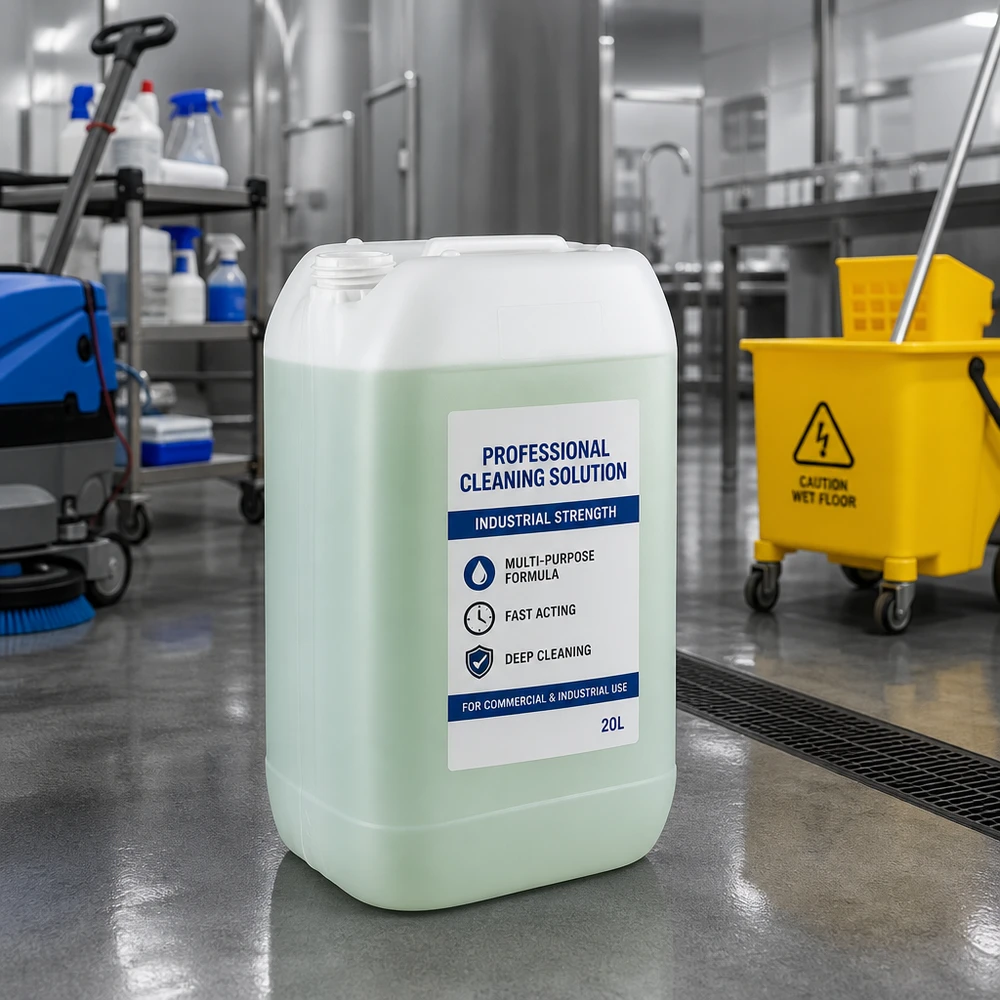 Bidon robuste de 15 litres sans bouchon, destiné aux produits d'entretien industriels dans un environnement professionnel