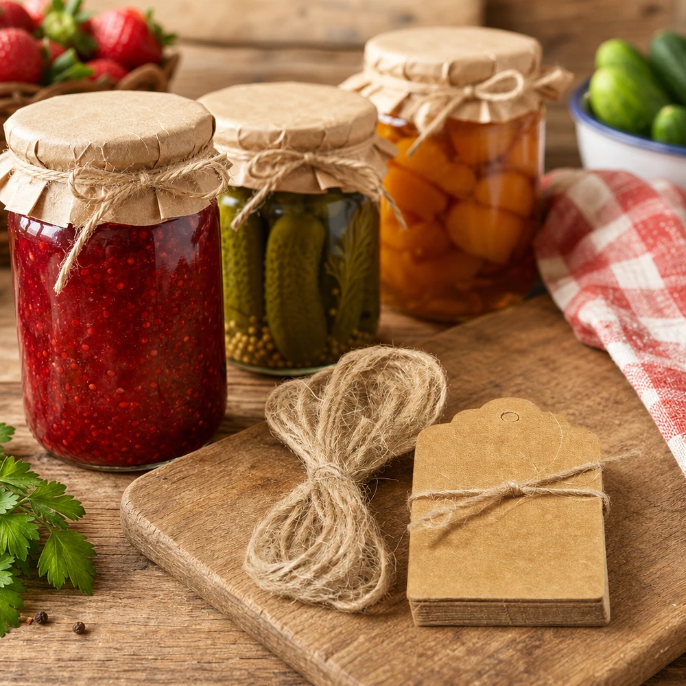 Étiquettes cadeaux durables en papier kraft avec cordon de jute sur une planche en bois rustique à côté de bocaux de conserve