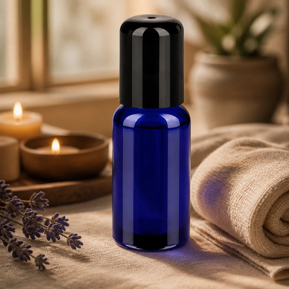 Flacon Roll-On 20ml noir STD BlueLine UT18/20 Bouteille Roll-On professionnelle 20ml STD BlueLine avec bouchon à bille noir pour l'aromathérapie