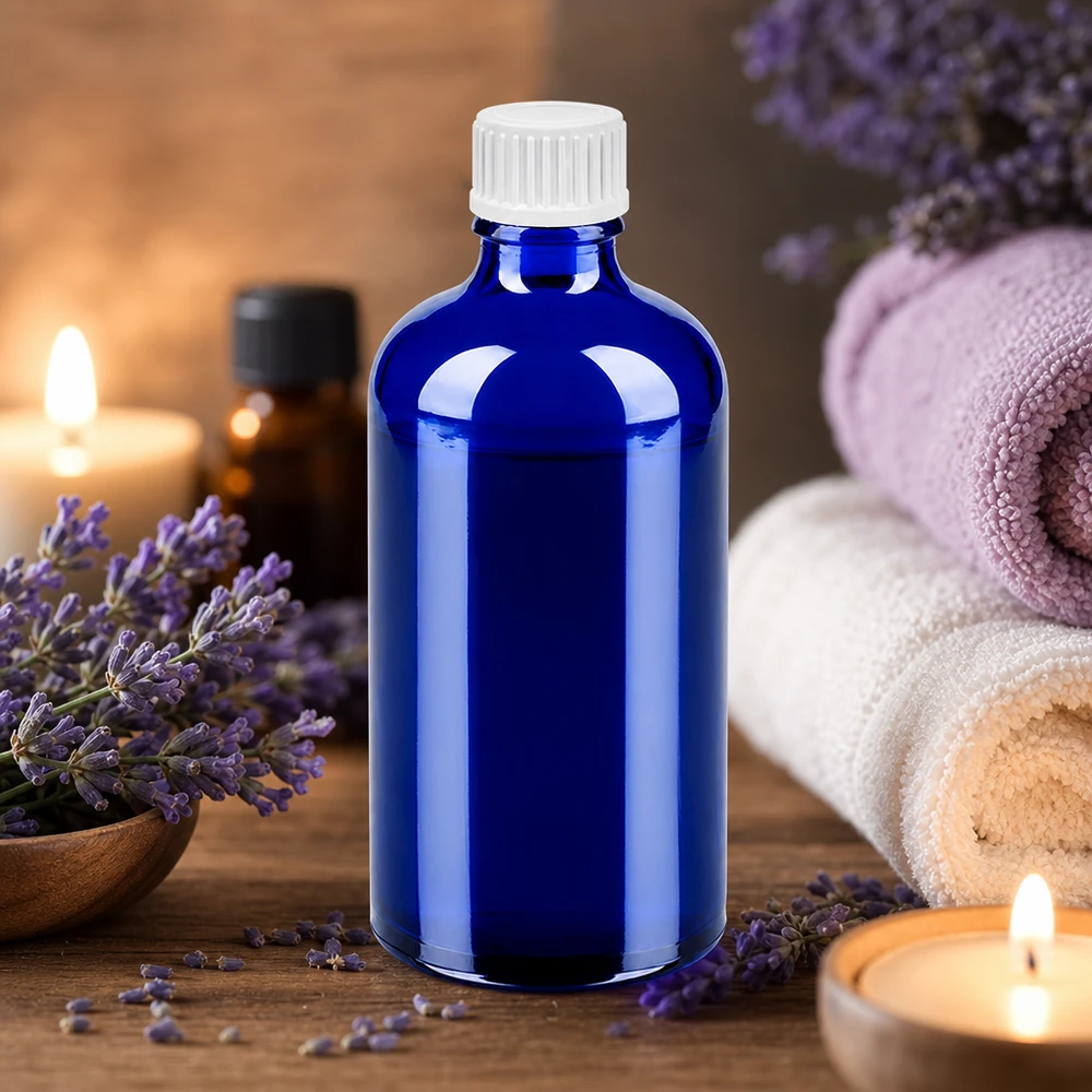 100ml flacon compte-gouttes 0.9mm blanc STD BlueLine UT18/100 Flacon de 100ml bleu avec compte-gouttes blanc 0,9mm STD BlueLine pour l'aromathérapie