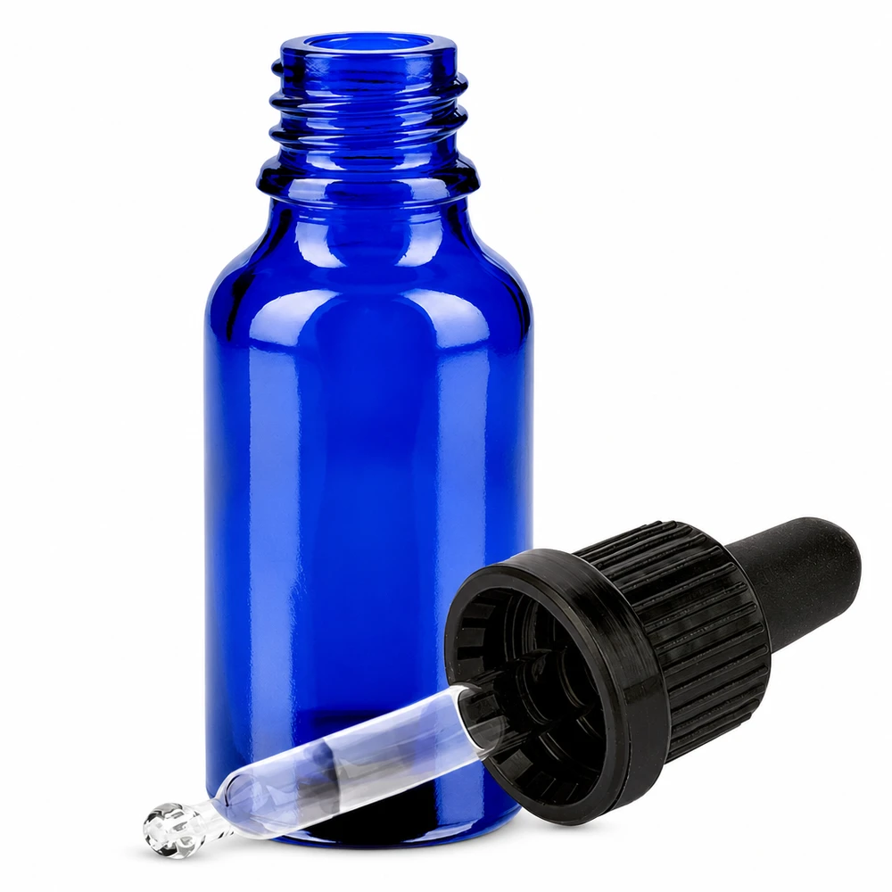 Flacon à pipette 20ml noir OV BlueLine UT18/20 Flacon compte-gouttes compact de 20 ml en verre bleu robuste avec bouchon à vis noir de sécurité pour les enfants