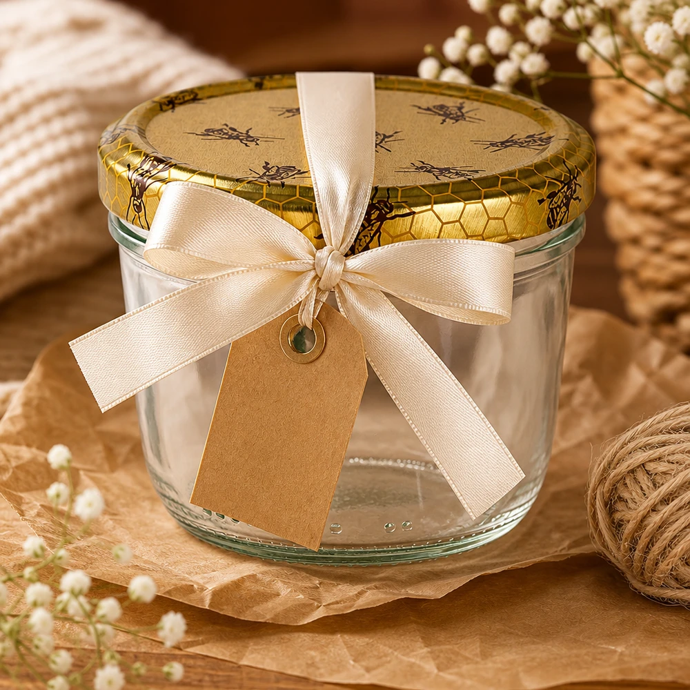 Pot vide de 230 ml avec couvercle en nid d'abeille, décoré d'un ruban et d'un pendentif de couleur crème.