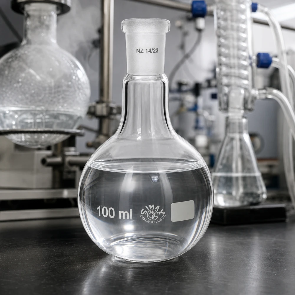 Ballon à fond plat 100 ml à col étroit, en verre borosilicate avec rodage normalisé 14/23 Appareil en verre de haute qualité 100ml avec coupe conique pour la synthèse organique