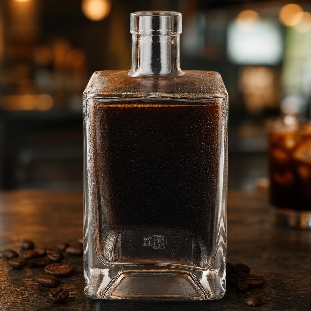 Flacon en verre « Ben » 700 ml sans bouchon UNiTWIST® Bouteille en verre Ben de 700 ml remplie de liqueur de café sombre sur une table en bois rustique avec une atmosphère de bar à grains de café