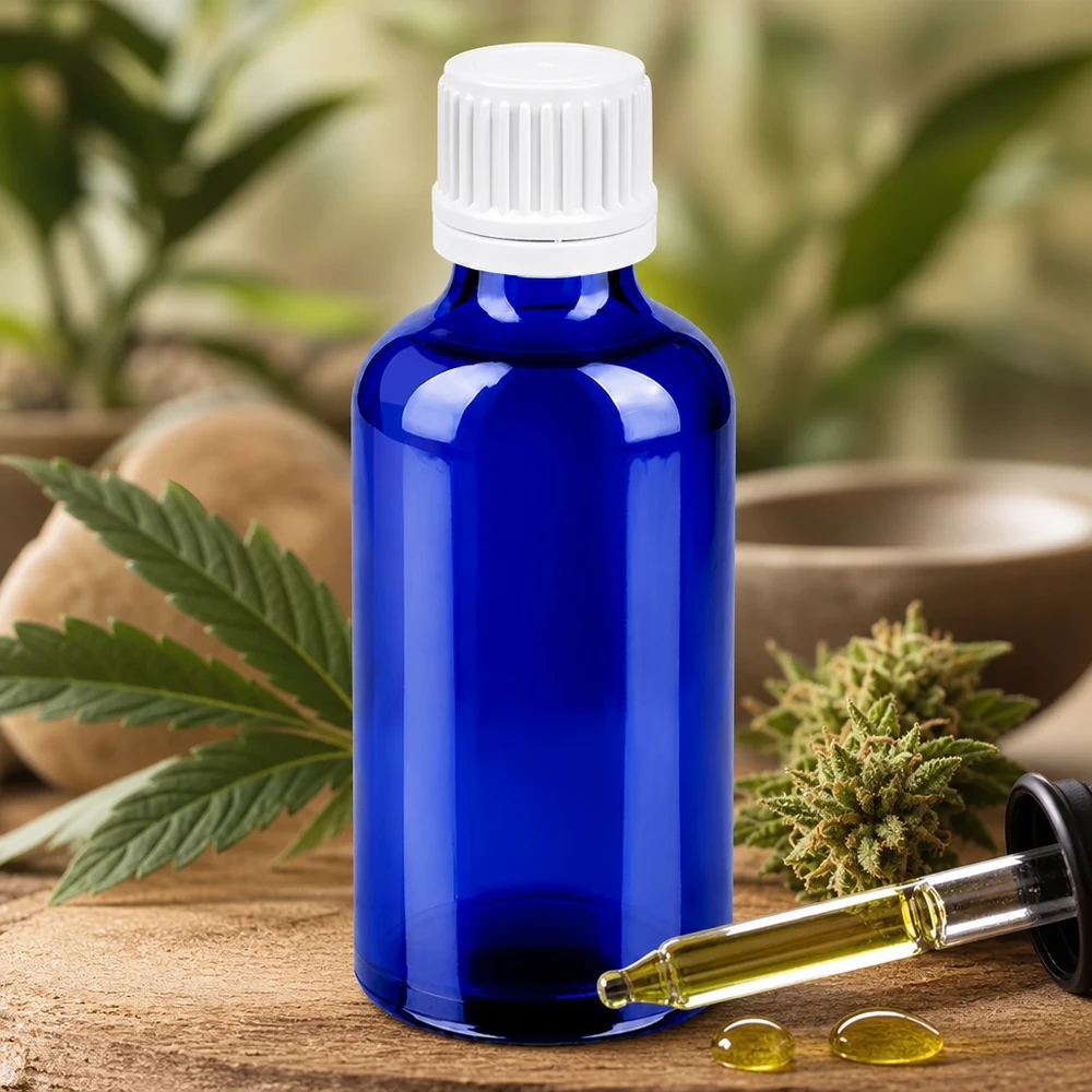 Flacon 50ml 11mm SV blanc OV BlueLine UT18/50 Bouteille médicale en verre robuste 50ml avec système de fermeture anti-fuite pour un usage quotidien