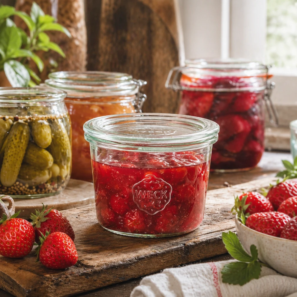 WECK Pot renversé 80ml RR60 rempli de confiture de fraises sur une planche en bois rustique avec des fraises fraîches et des bocaux de conservation