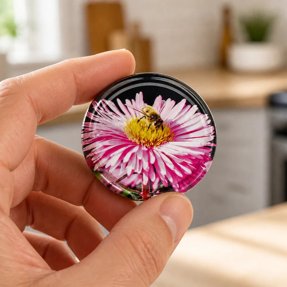 Couvercle BasicSeal 82 mm « Fleur » (TO82) UNiTWIST UNiTWIST Couvercle de bocal 82 mm TO82, forme ronde, motif floral rose, blanc et jaune – Vue détaillée